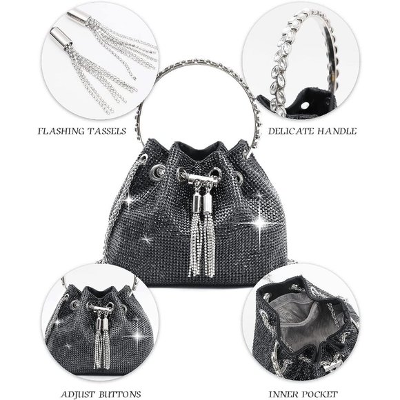 Women Silver Rhinestone Luxury Diamond Shining Chain Crossbody Bucket Bling Bag - Picture 3 of 5